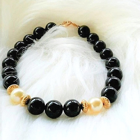 REAL Onyx & Pearls 14k 7" Bracelet Vintage never worn - Picture 1 of 10